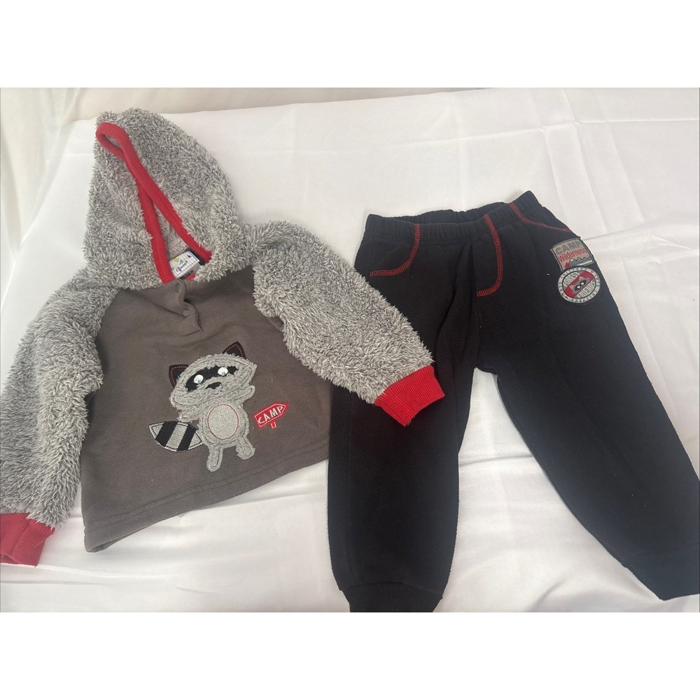 Squiggles Raccoon Fuzzy Fleece Hoodie and Sweat Pants Set 18 Months Black Gray